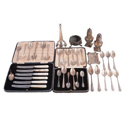 Lot 342 - A collection of silver teaspoons; other flatware; condiments; etc.