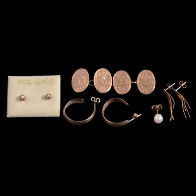 Lot 384A - A pair of 9 carat yellow gold cufflinks, and some yellow metal earrings.