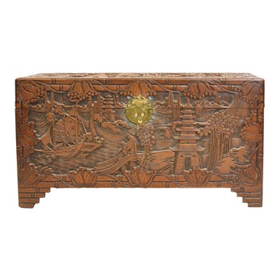 Lot 498 - Chinese carved camphor wood blanket box