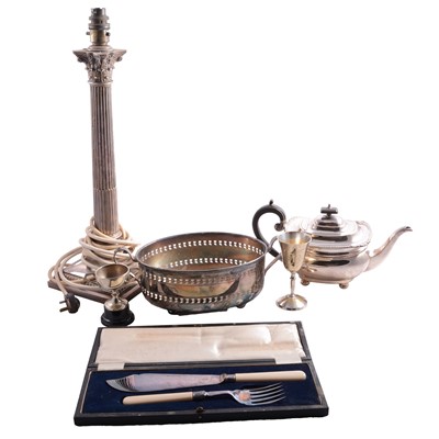 Lot 84 - Silver-plated Corinthian column table lamp, and other assorted silver-plated ware