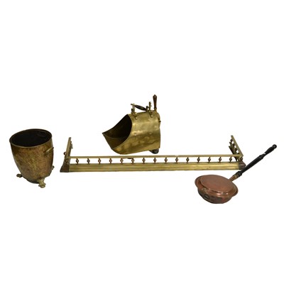 Lot 431 - Copper and brass fire curb, coal scuttle, log bin, etc