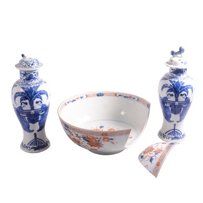 Lot 23 - Pair of Chinese blue and white porcelain vase and covers, and an Imari bowl