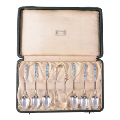 Lot 98 - Liberty & Co - six silver and enamel teaspoons and matching sugar tongs