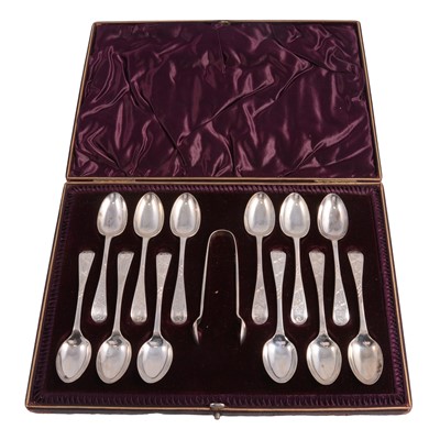 Lot 335 - Set of twelve silver teaspoons and sugar tongs, cased