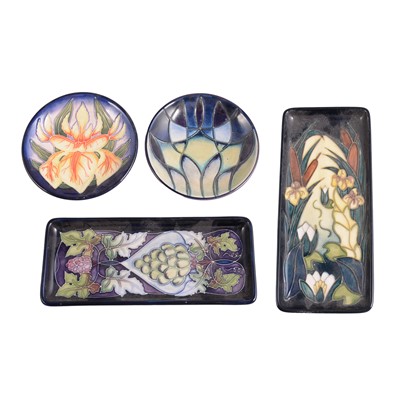 Lot 10 - Moorcroft Pottery, two rectangular pin dishes, and two coasters