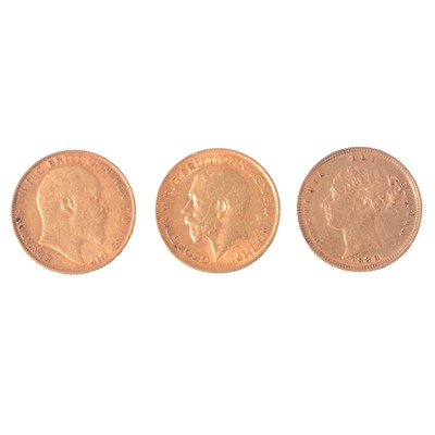 Lot 127 - Three Gold Half-Sovereign Coins - Victoria, Edward VII, and George V.