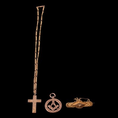 Lot 287 - Rose gold Masonic fob, Victorian diamond bar brooch, and yellow metal cross pendant on a chain.
