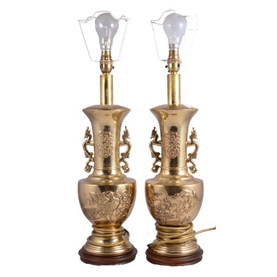 Lot 434 - Pair of Chinese brass table lamps