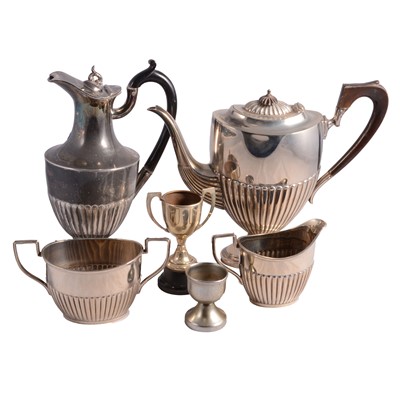 Lot 79 - Four-piece silver-plated tea set, other electroplated wares, a silver-mounted crystal bowl, etc