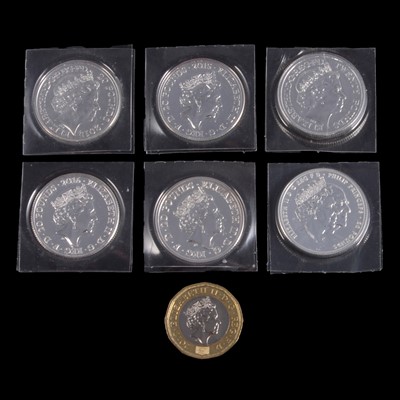 Lot 149 - Six £20 silver (0.999) coins, and a 2017 £1 bi-metallic uncirculated coin.