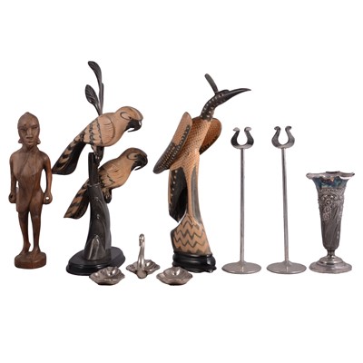Lot 148 - Collection of wooden items, carved and shaped horn birds ornaments, a mirrored glass witch's ball, and metal items.