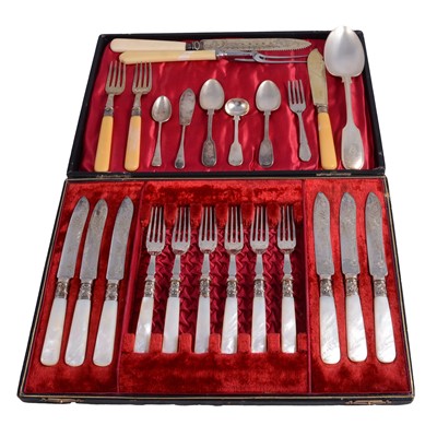 Lot 90 - Early 20th century presentation fish knife and fork set, and various loose silver plated cutlery