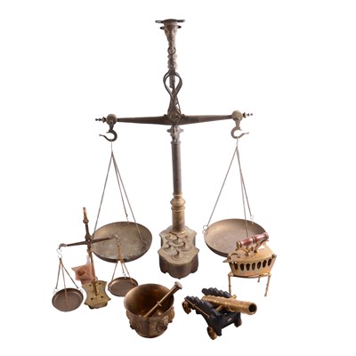 Lot 90 - Set of brass balance scales, a smaller set, and other decorative brassware