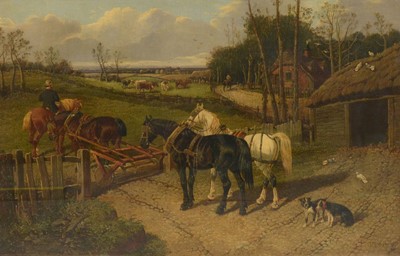 Lot 173 - J F Herring (19th century), Landscape with horses, dogs, thatched cottage and barns