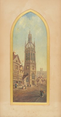 Lot 389 - Claude Moore / G Moore, Flemish scenes with church towers, watercolours, and a town scene