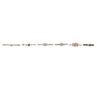 Lot 156 - Five gold / yellow metal bar brooches, and a gold-plated bar brooch.