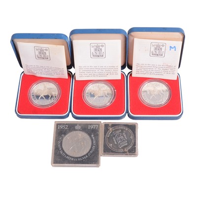Lot 316 - Three Silver Jubilee silver crown coins, a copper-nickel coin, and a royal commemorative medallion.