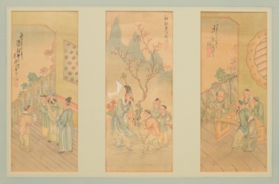 Lot 357 - Chinese School, A triptych with an Elder and acolytes, etc.