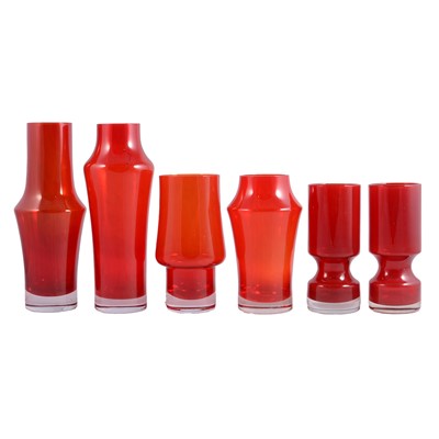 Lot 49 - Tamara Aladin for Riihimaki, four red glass vases and a pair of vases by Per Olof Strom for Alasterfors