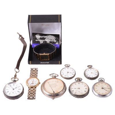 Lot 317 - Five silver / white metal / metal pocket and fob watches, volt meter, and two wristwatches.