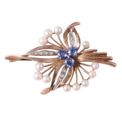 Lot 143 - A sapphire, diamond and cultured pearl brooch.