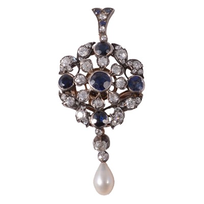 Lot 140 - A sapphire and diamond brooch / pendant with diamond and pearl dropper.