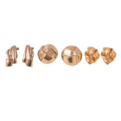Lot 259 - Three pairs of gold / yellow metal earclips.