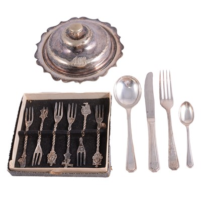 Lot 180 - Set of six Dutch white metal cake forks, and plated wares