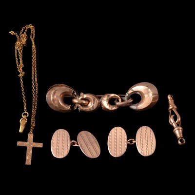 Lot 292 - Gold cufflinks, swivel fasteners, cross pendant, rolled gold chain, yellow metal brooch.