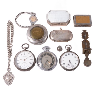 Lot 316 - Pocket watches, wristwatch, trinket pot, sovereign holder, sovereign scales, and other items.