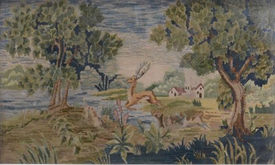 Lot 271 - Berlin woolwork picture, Stag hunt in a landscape