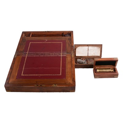 Lot 102 - Victorian figured walnut writing box; a set of beam balance scales; and a small brass telescope.