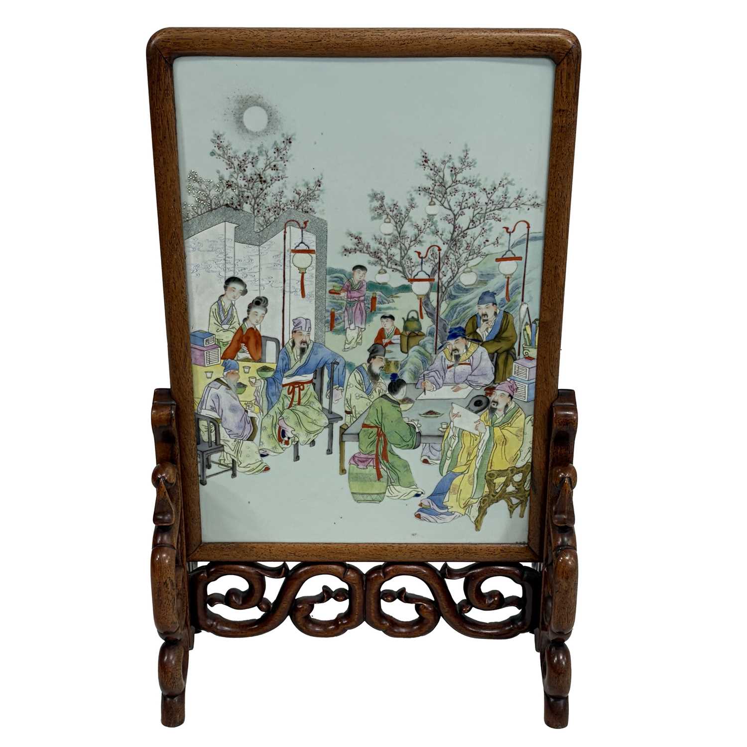 Lot 26 - Chinese famille rose porcelain and carved hardwood table screen
