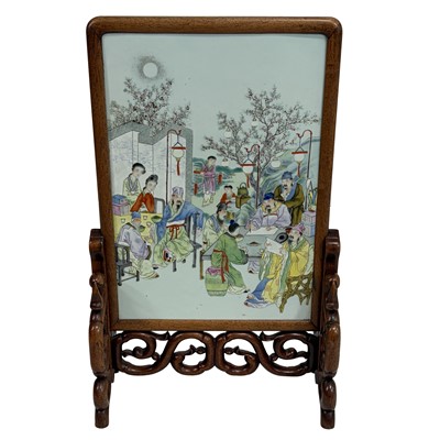 Lot 26 - Chinese famille rose porcelain and carved hardwood table screen