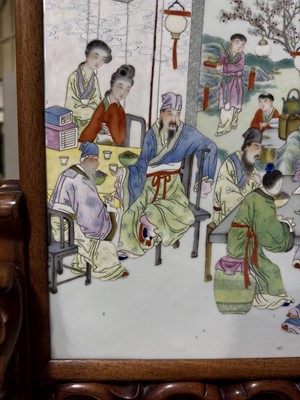 Lot 26 - Chinese famille rose porcelain and carved hardwood table screen