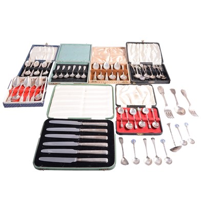 Lot 184 - Seven sets of cased silver cutlery, and other loose silver cutlery and napkin rings
