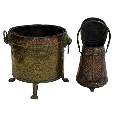 Lot 84 - Copper log bin, coal hod and fireside tools