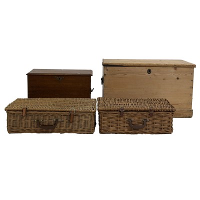 Lot 267 - Pine blanket box, a small mahogany box, and two cane hampers