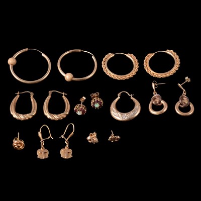 Lot 263 - A collection of gold and yellow metal earrings for pierced ears.