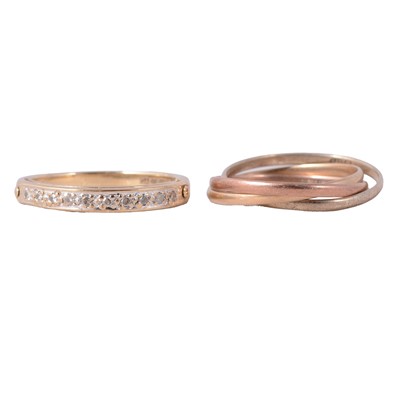 Lot 116 - A Russian style 9 carat tricolour gold wedding band, and a diamond half hoop ring.