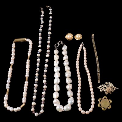Lot 275 - Pearl necklaces, yellow metal lockets, and costume jewellery.