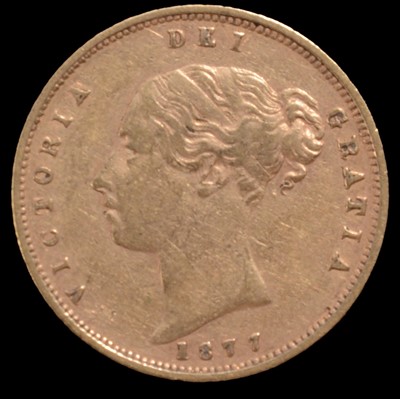 Lot 198 - A Gold Half Sovereign Coin, Victoria Young Head Shield Back 1877.