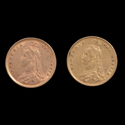 Lot 199 - Two Gold Half Sovereign Coins, Victoria Jubilee Head Shield Backs 1887, 1891.