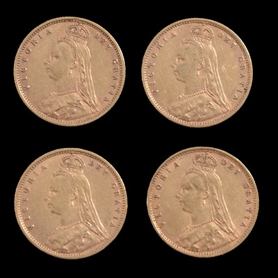 Lot 200 - Four Gold Half Sovereign Coins, Victoria Jubilee Head Shield Backs 1892.