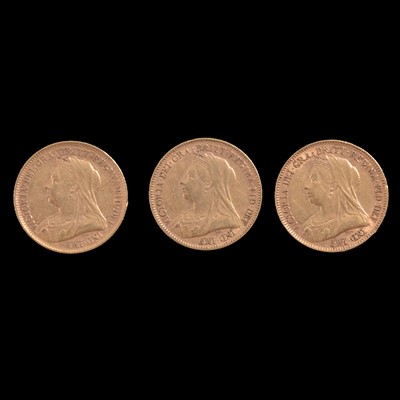 Lot 202 - Three Gold Half Sovereign Coins, Victoria Old Veiled Head 1893.