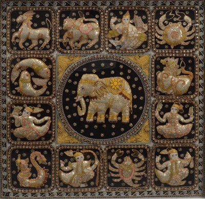 Lot 238 - A large embroidered Indian panel depicting signs of the zodiac
