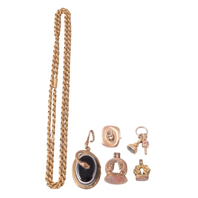 Lot 244 - Three gemset seal fobs, pocket watch key, In Memoriam brooch, agate pendant, and gilt metal chain.