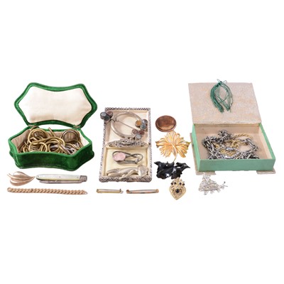 Lot 458 - A collection of white metal and costume jewellery, gold-plated lorgnettes, silver fruit knife.