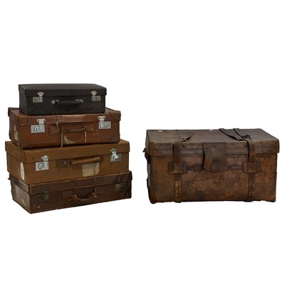 Lot 303 - Veterinarian's fitted leather case; three leather suitcases; and a leather trunk.