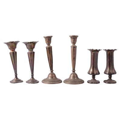 Lot 171 - Pair of silver candlesticks, two pairs of silver spill vases